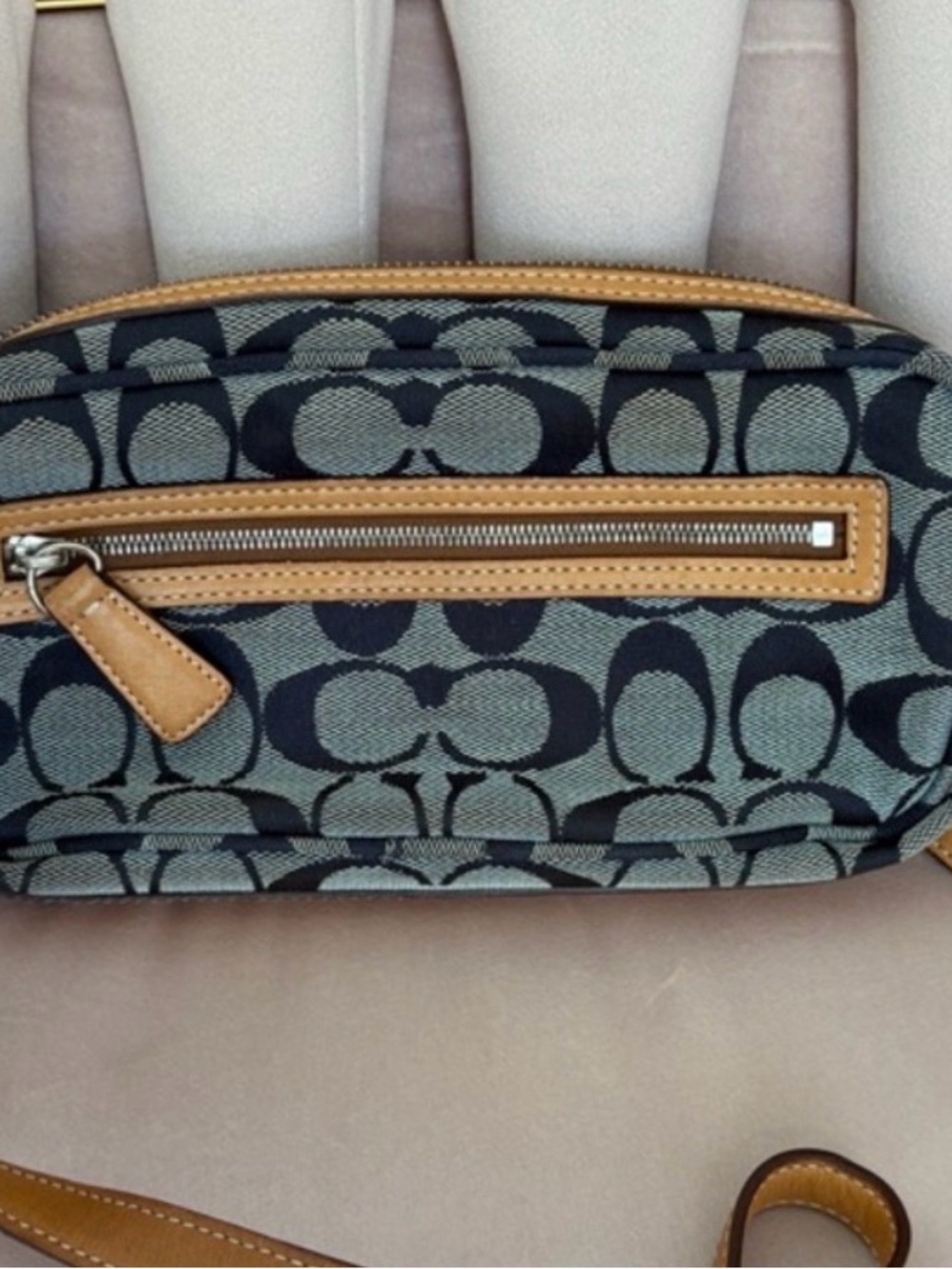 Coach Navy and Khaki Signature Canvas Crossbody with Tan Trim